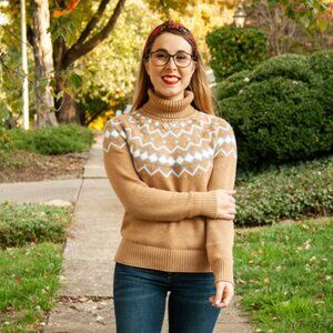 Women's J. Crew Fair Isle Brown and Blue Turtleneck Knit Sweater 100% Cotton Med